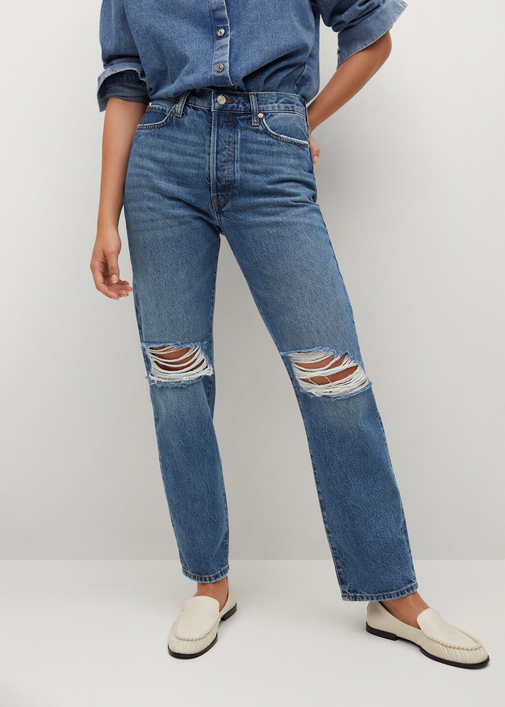 Ripped medium-waist straight jeans - Medium plane