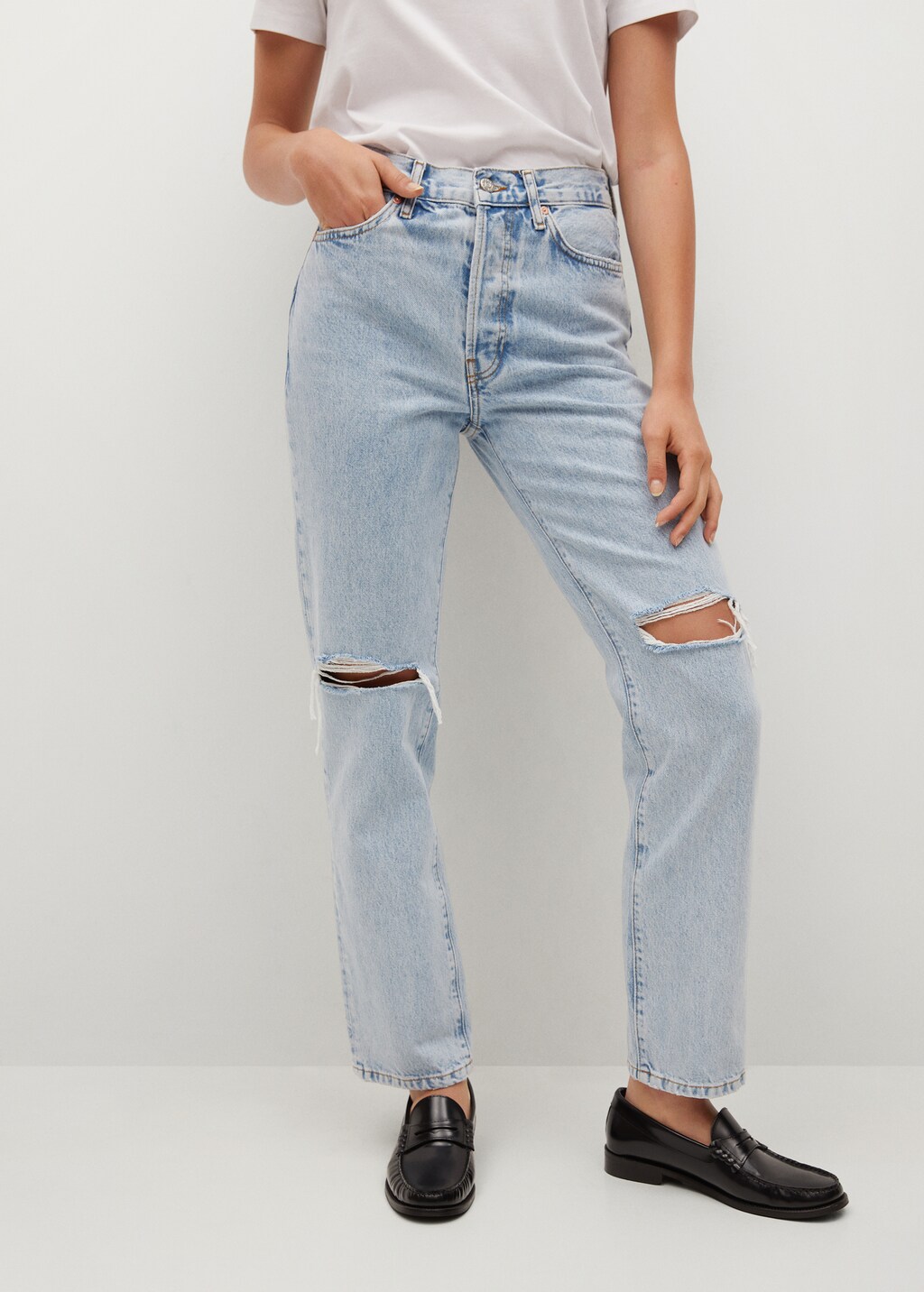 Ripped medium-waist straight jeans - Medium plane