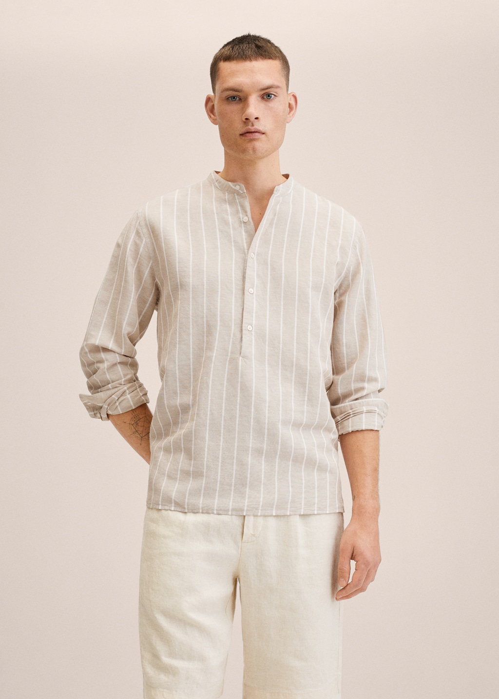 Striped mandarin-collar linen shirt - Medium plane