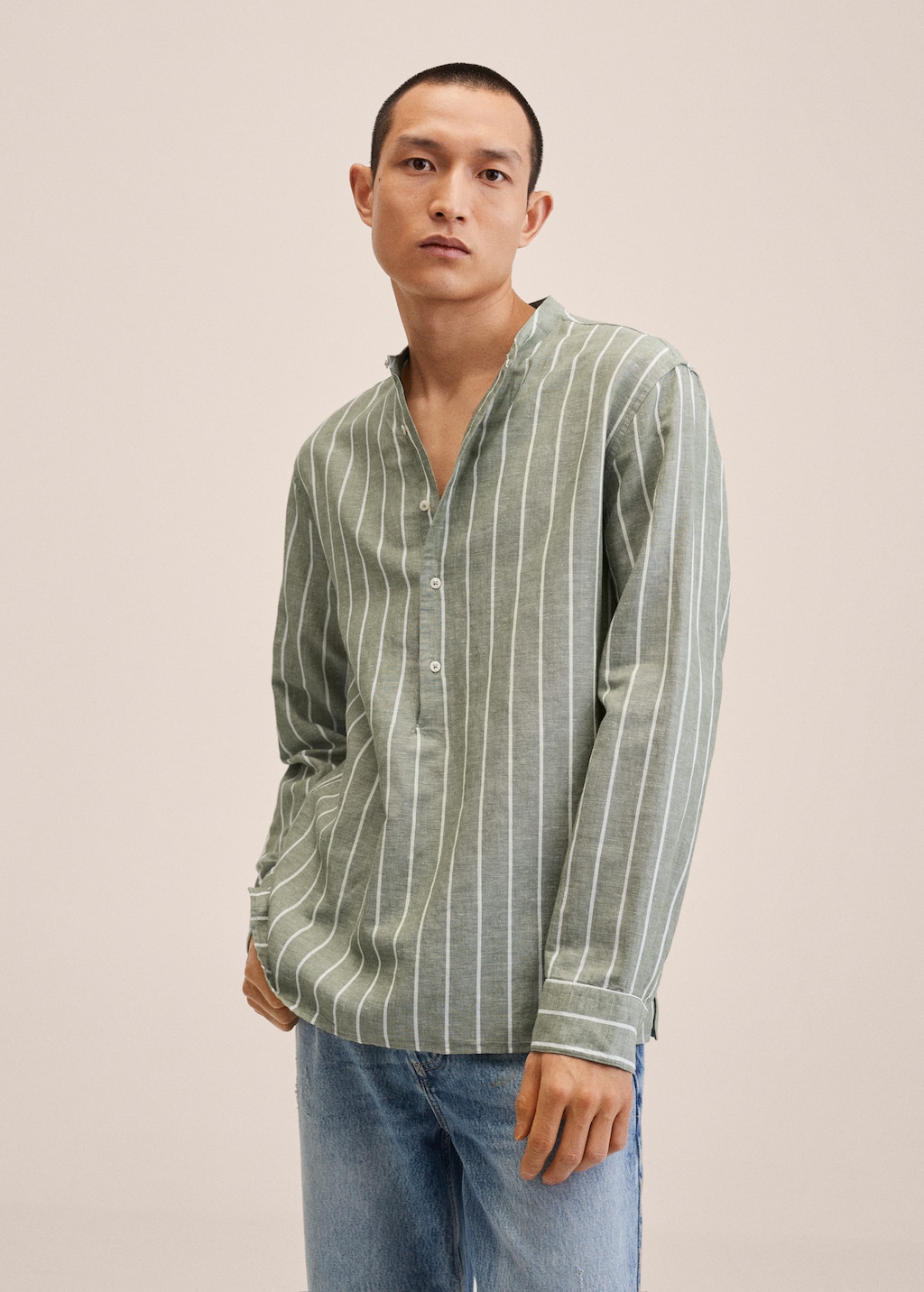 Striped mandarin-collar linen shirt - Medium plane