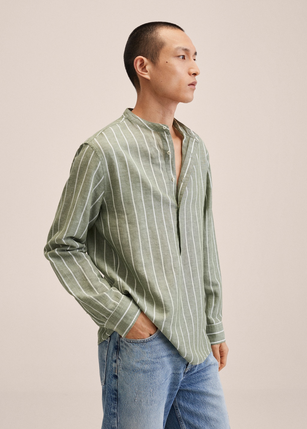 Striped mandarin-collar linen shirt - Details of the article 2