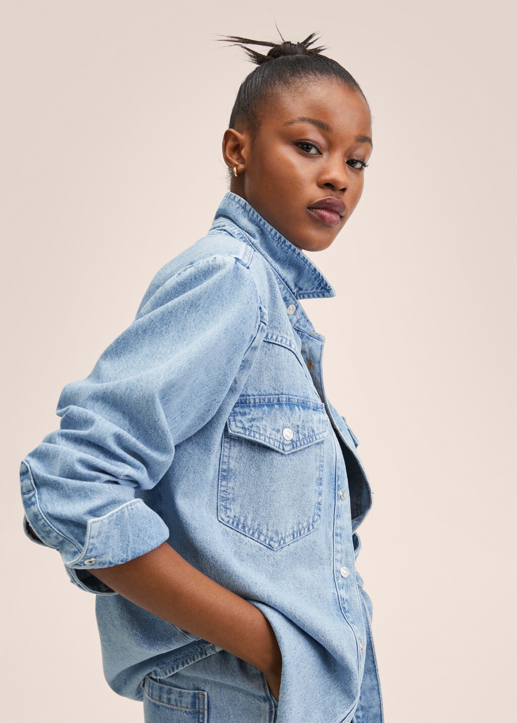 Denim shirt with shoulder pads