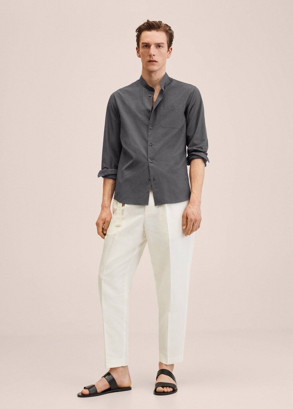 Linen lyocell shirt with mao collar - General plane