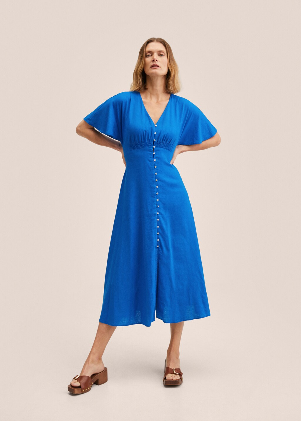 Buttoned linen-blend dress - General plane