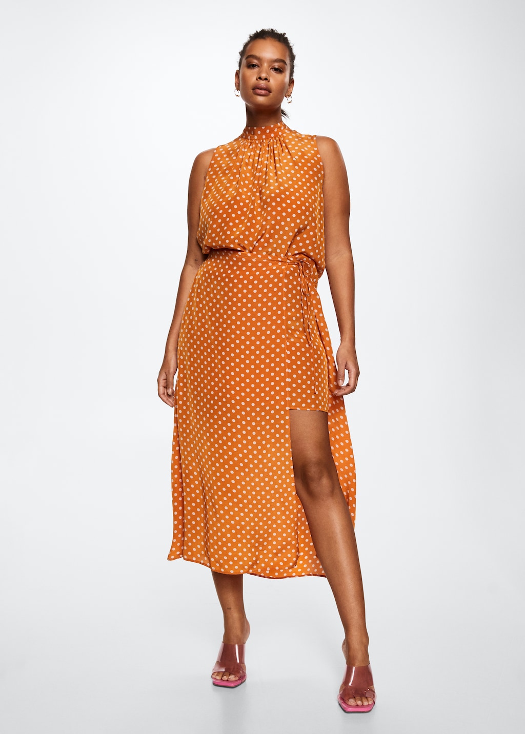 Orange polka dot midi dress hotsell