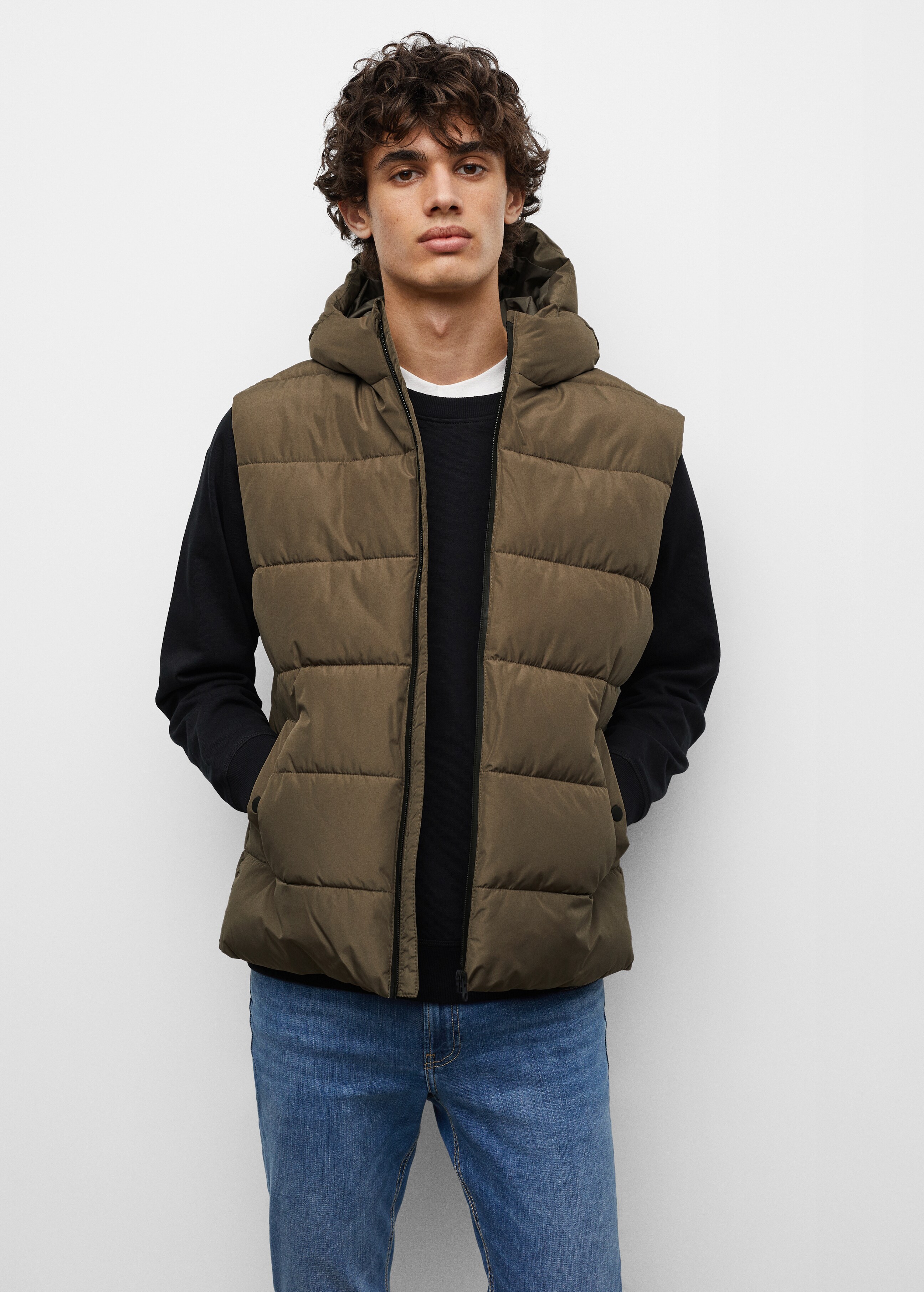 Down feather gilet with hood - Medium plane