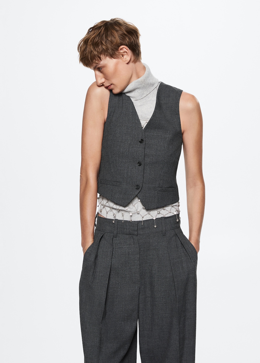 Check wool-blend suit waistcoat - Medium plane