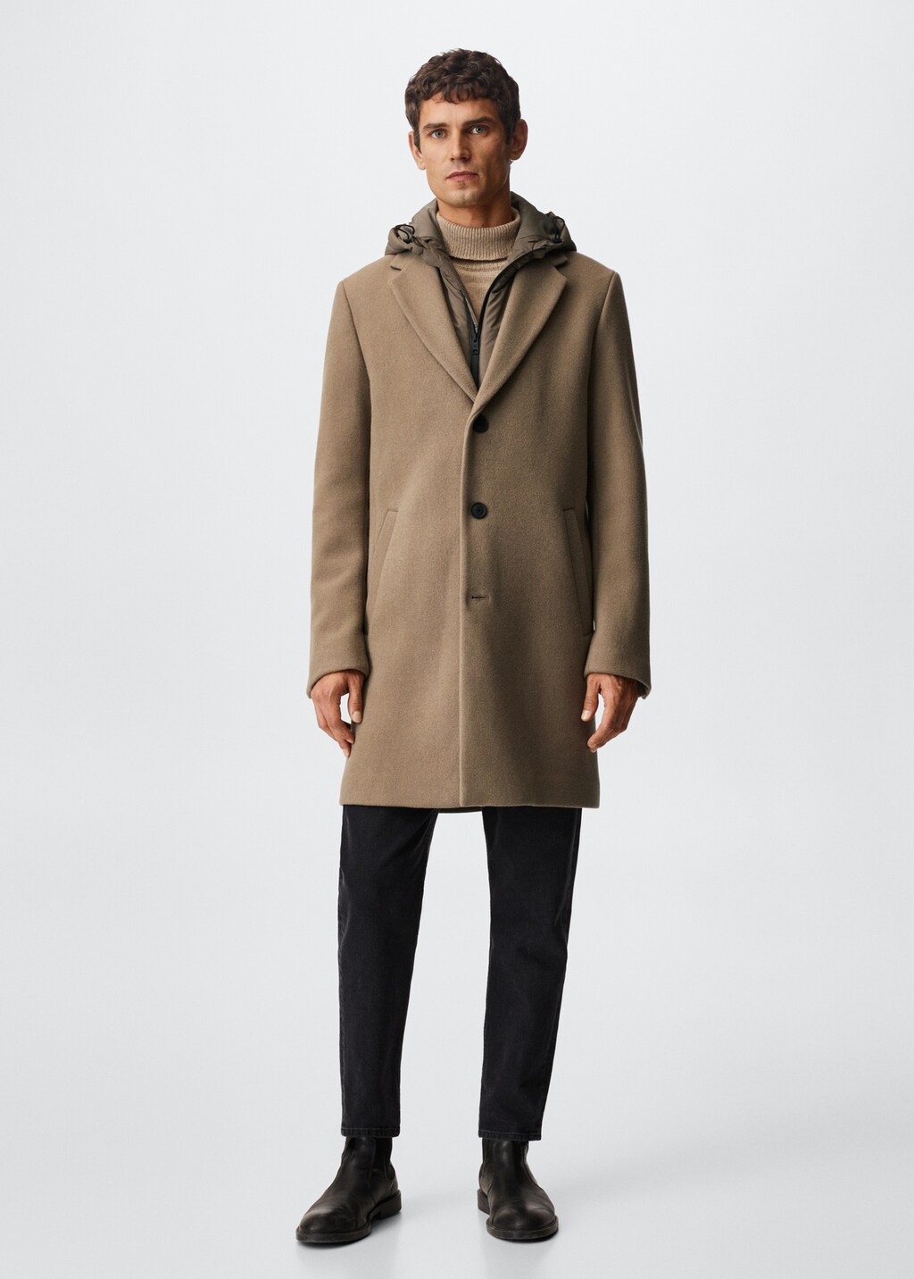 Recycled wool coat with hood - General plane