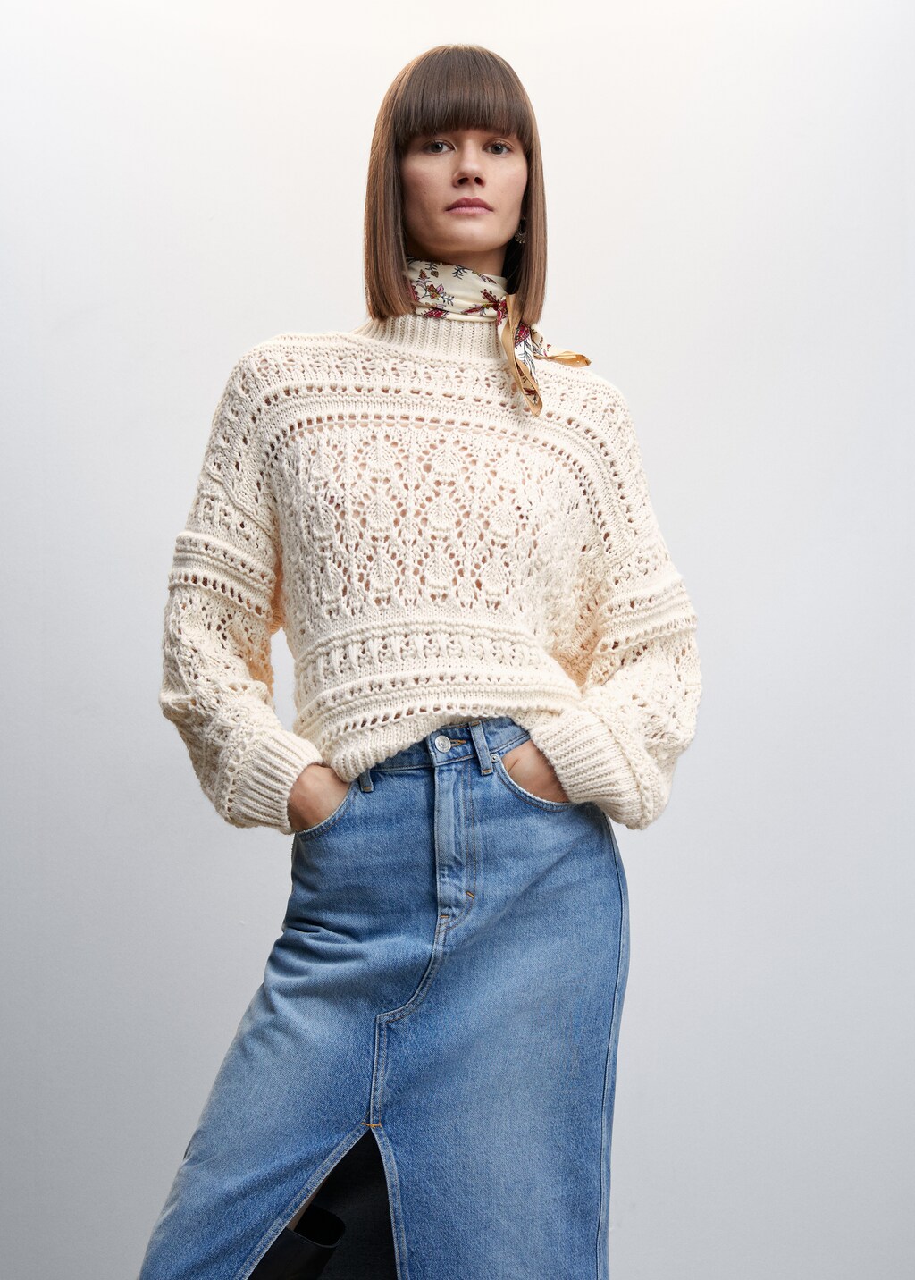 Openwork sweater with perkins collar - Medium plane