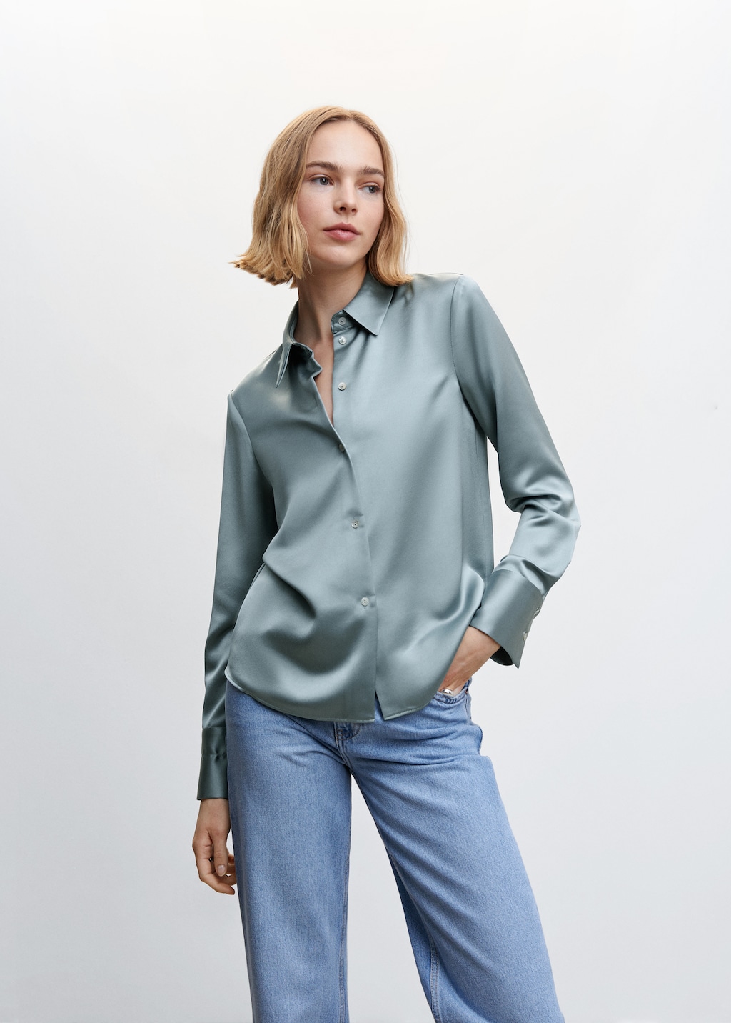 Satin button up top online