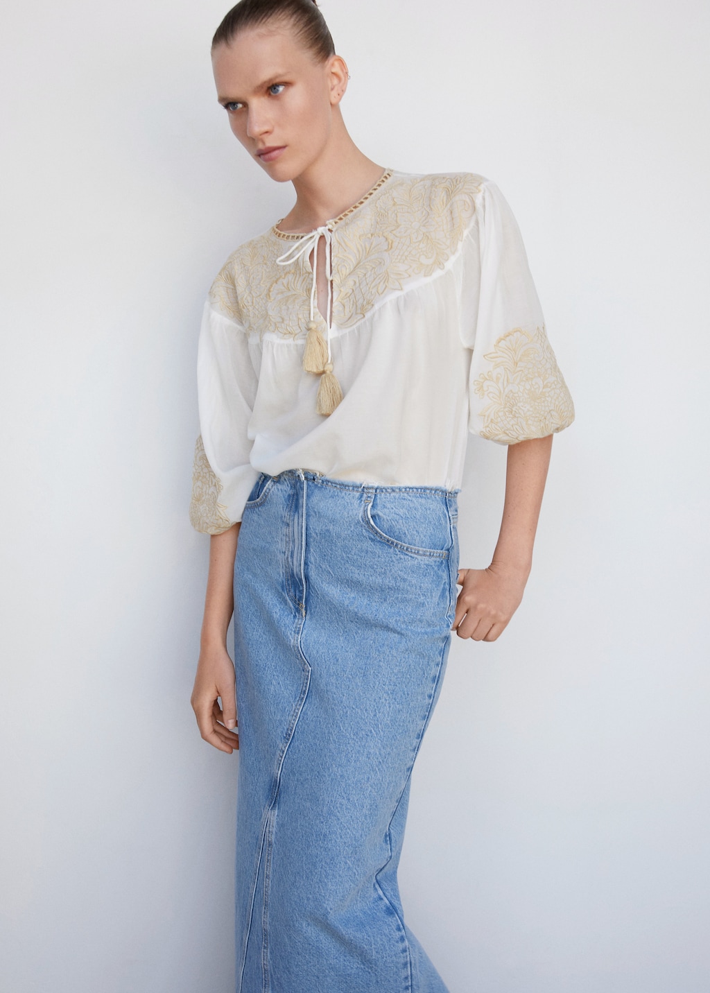 Embroidered cord blouse - Woman | MANGO OUTLET USA