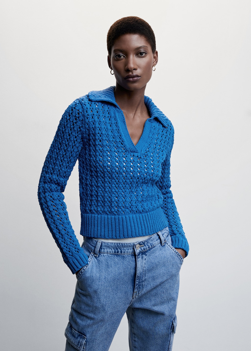 Pull-over maille ajourée col polo - Plan moyen