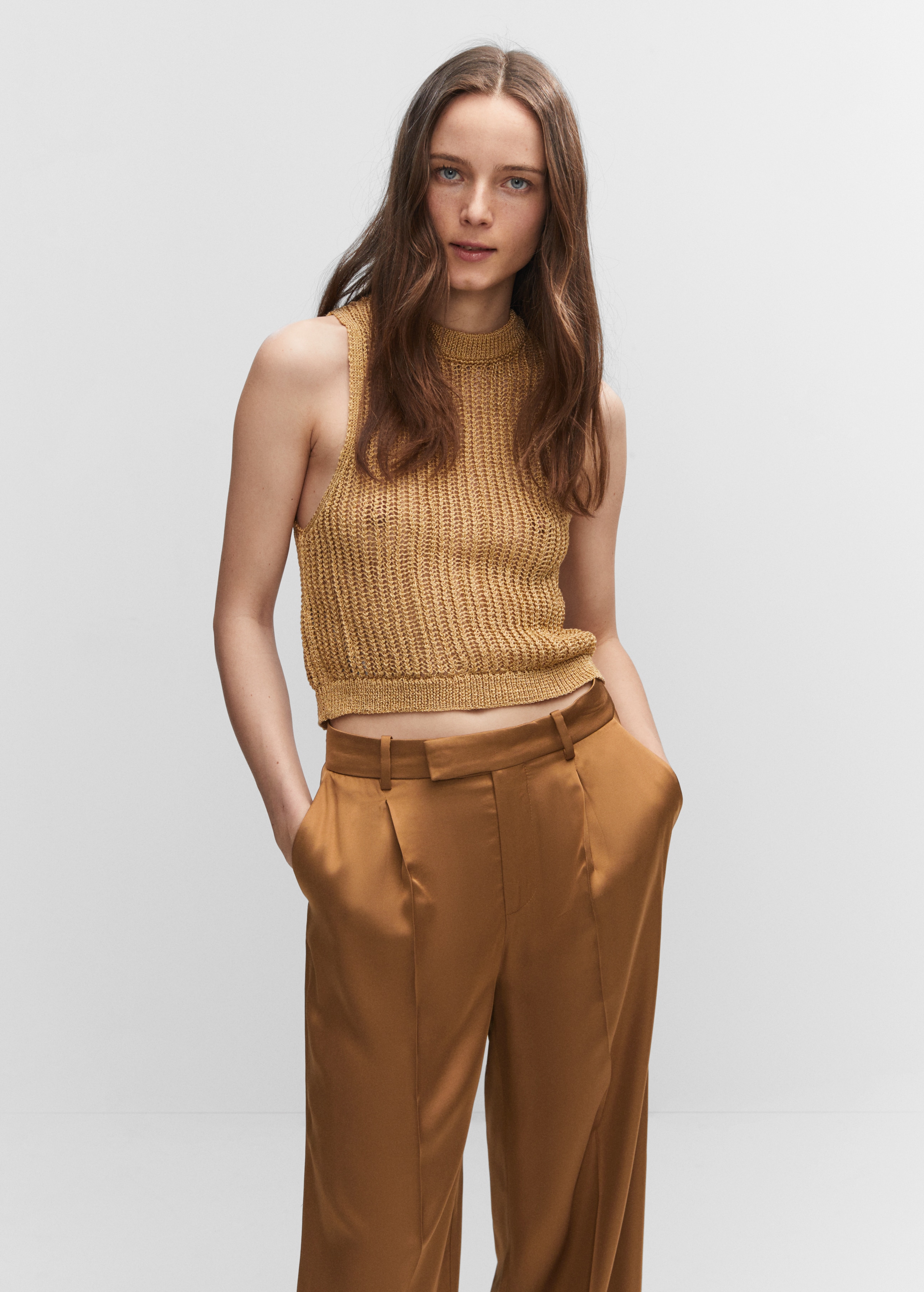 Satin-finish pants with pleat detail