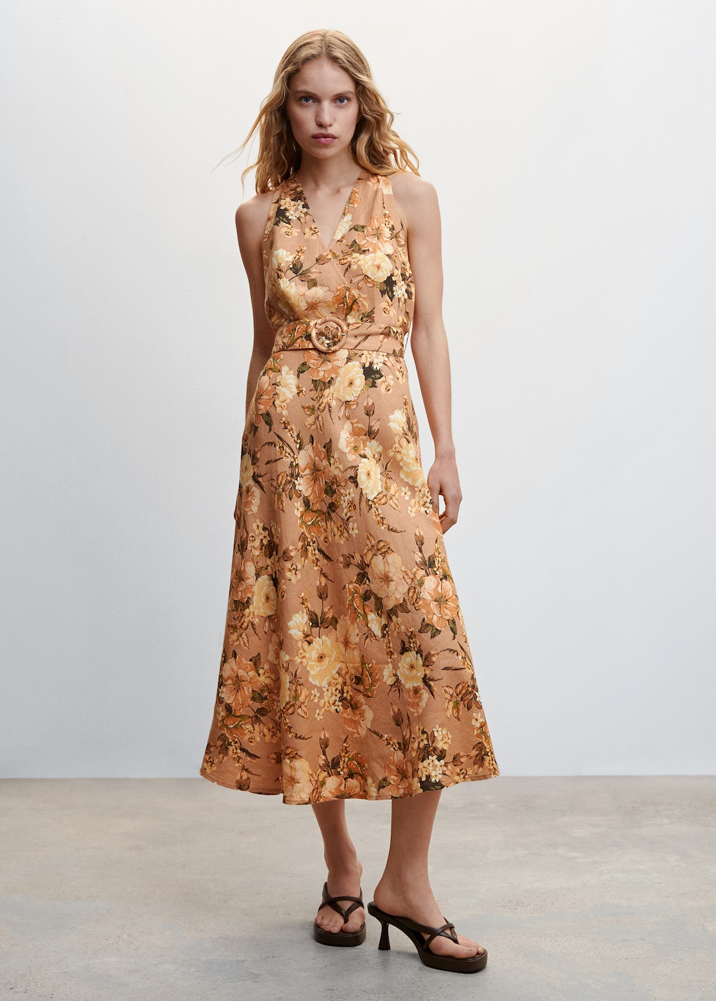 Floral linen-blend dress