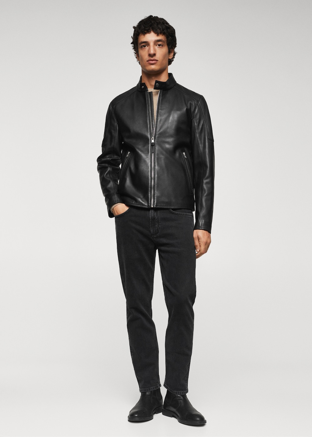 Zip-detail leather biker jacket - General plane