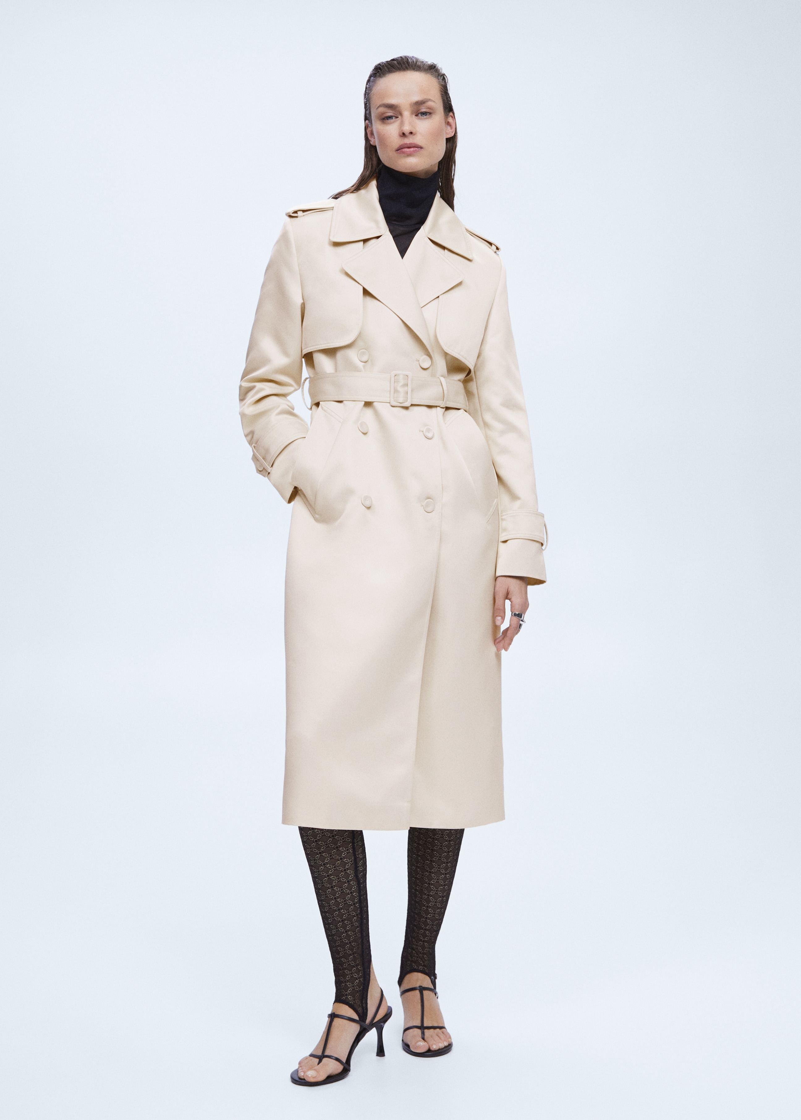 Satin-effect trench coat with belt - General plane