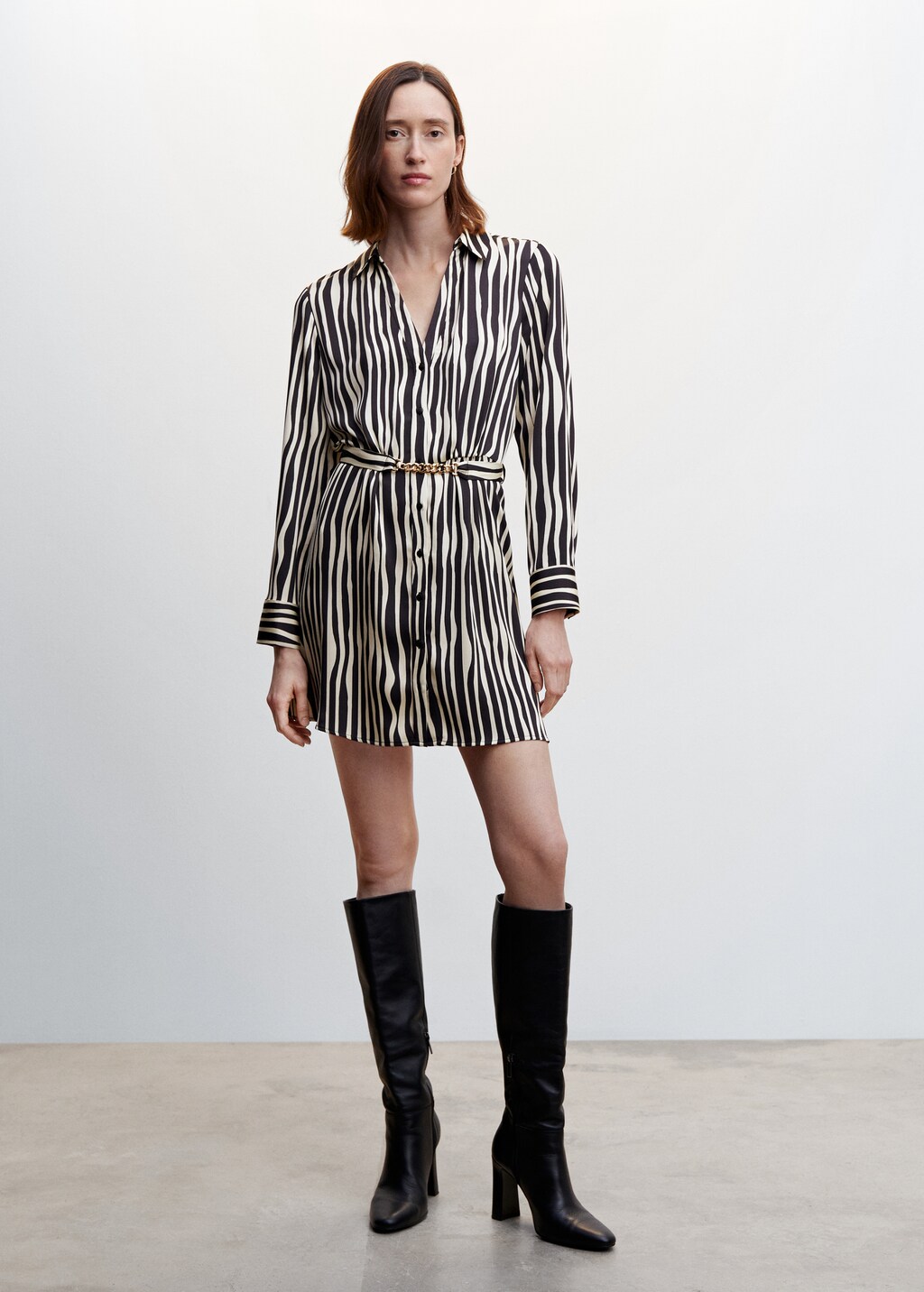 Belted striped shirt dress