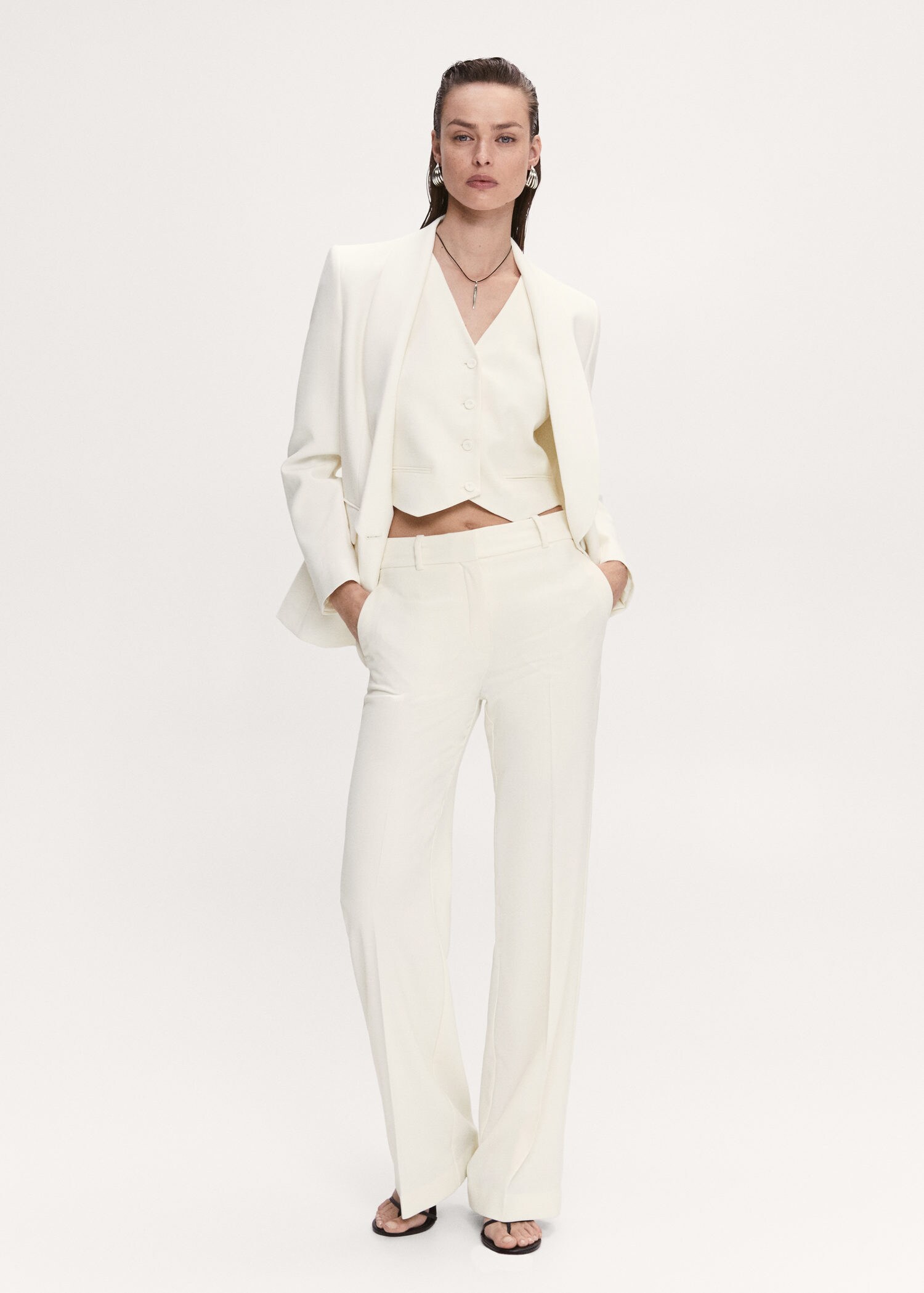 Mango Pants Clearance Sale - White Womens Flowy Straight-Fit With Bow