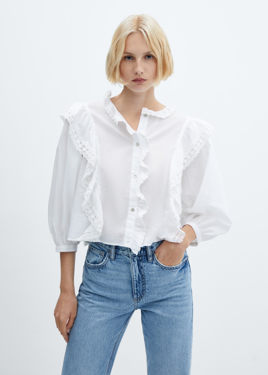 Lace blouse with ruffles - Woman | MANGO OUTLET USA