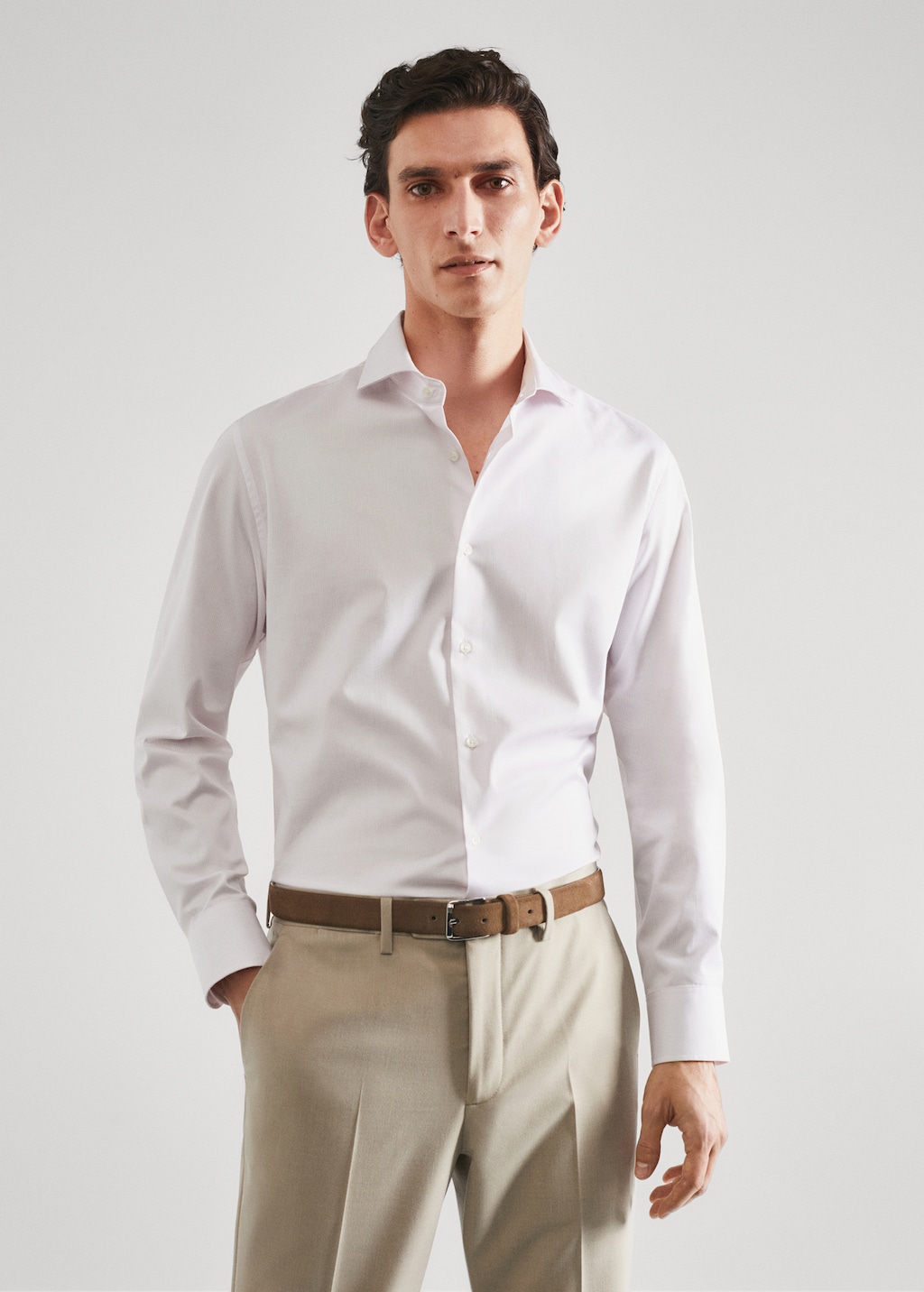 Camisa traje slim fit microraya twill - Plano medio