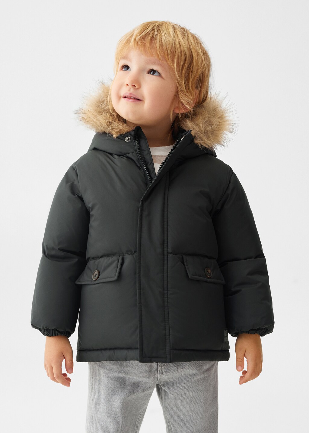 Quilted coat with fur-effect hood - Medium plane