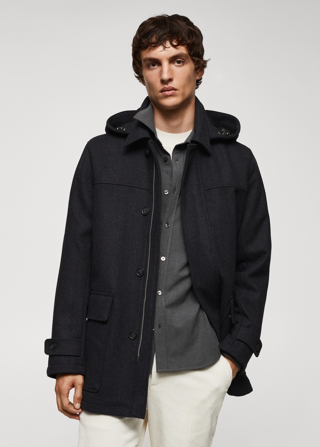 Detachable hood wool coat - Medium plane