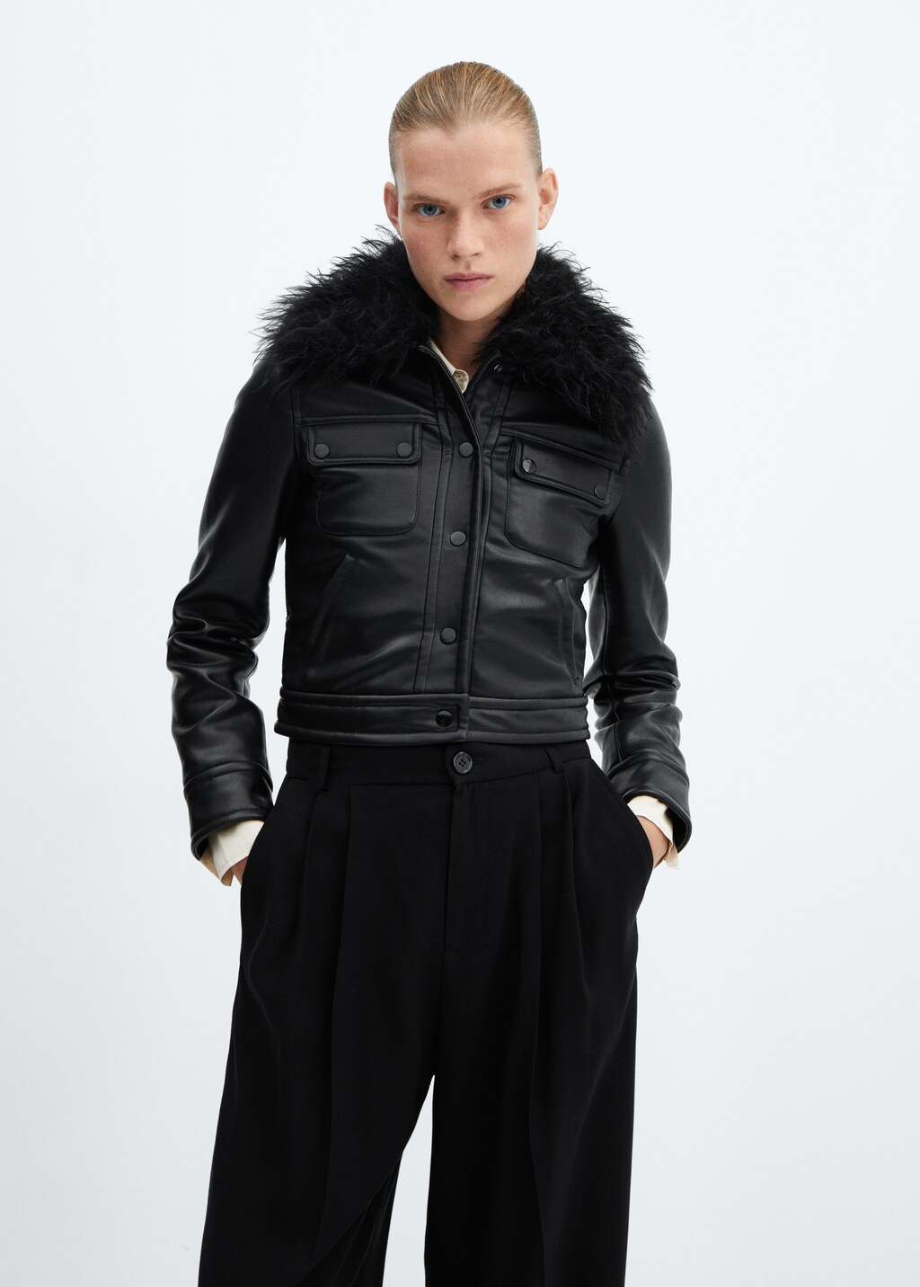 Padded jacket with fur-effect collar - Medium plane