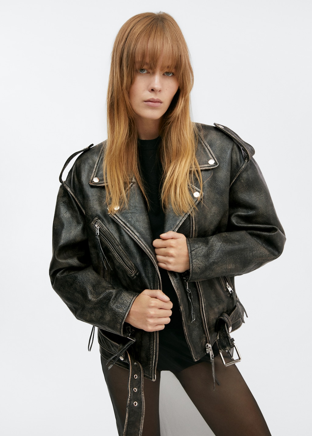 Leather biker oversize jacket - Medium plane