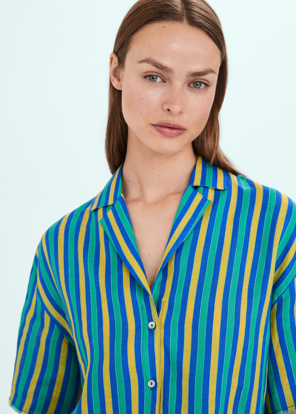 Marnie Linen Blouse, Bright Stripe Print, Hand Painted, Button Front, Bell outlet Sleeves, Sustainable, Ethical, Eco Friendly, Small Batch