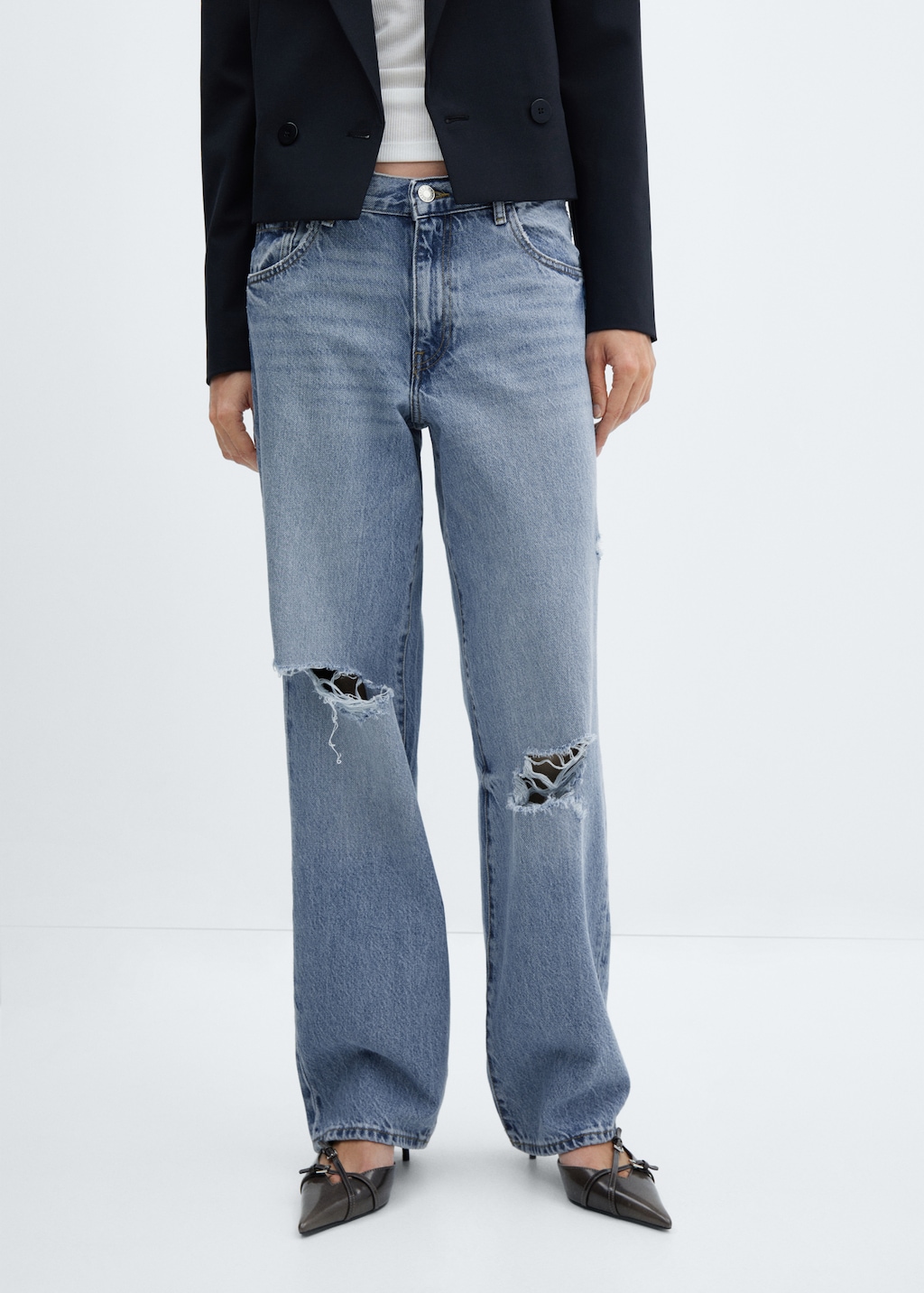 Wideleg jeans met decoratieve scheuren - Middenvlak