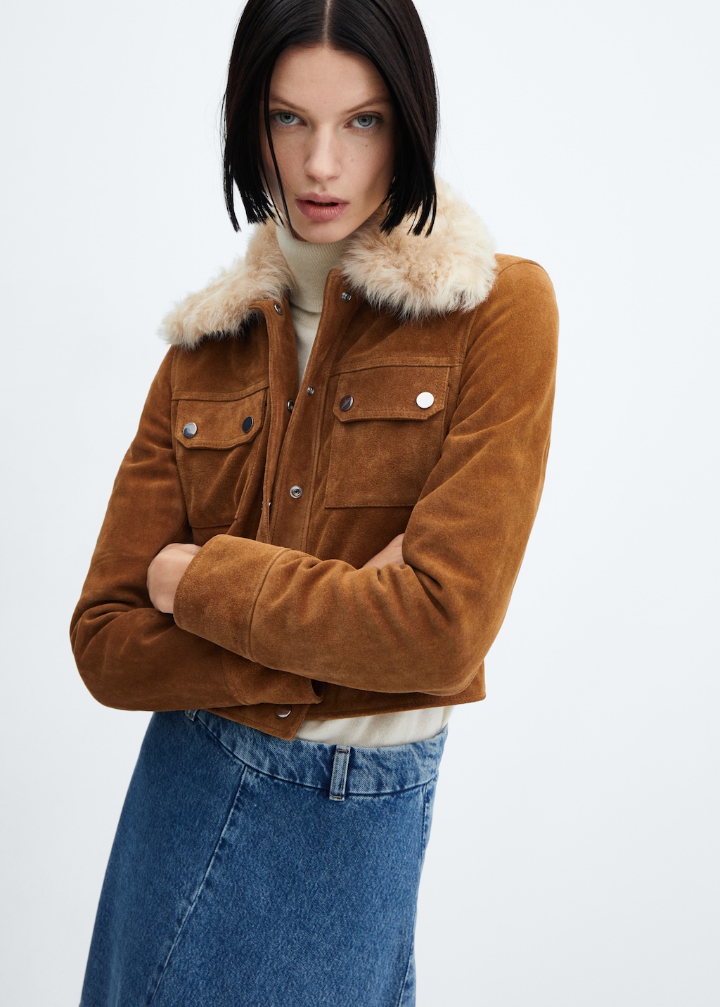 Suede jacket with fur-effect collar - Medium plane