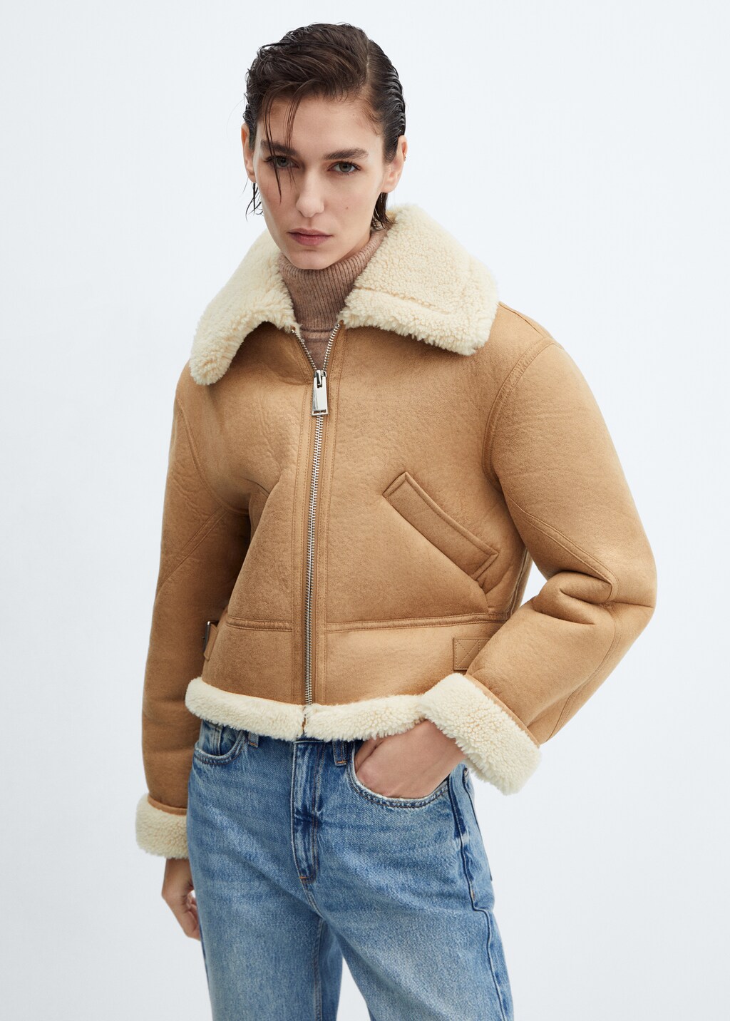 Shearling-effect lined short jacket - Medium plane