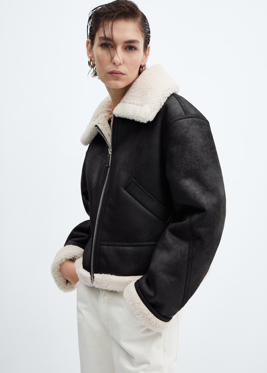 Shearling-effect lined short jacket - Medium plane