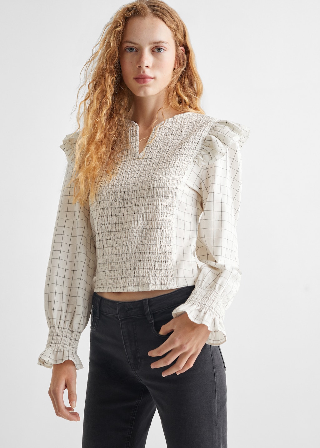 Checked frill blouse - Medium plane