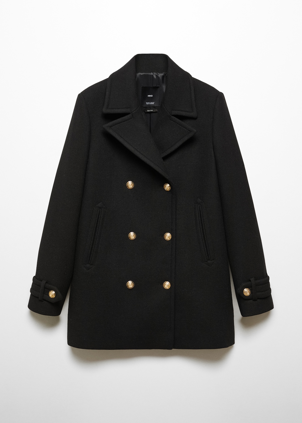 Black wool coat with gold buttons on sale