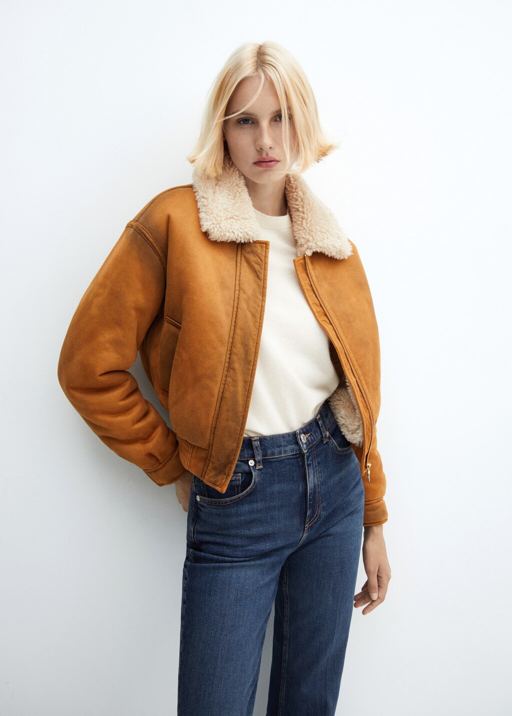 Worn effect shearling jacket