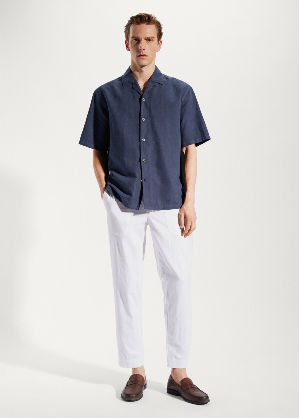 Cotton-linen bowling-collar shirt - General plane