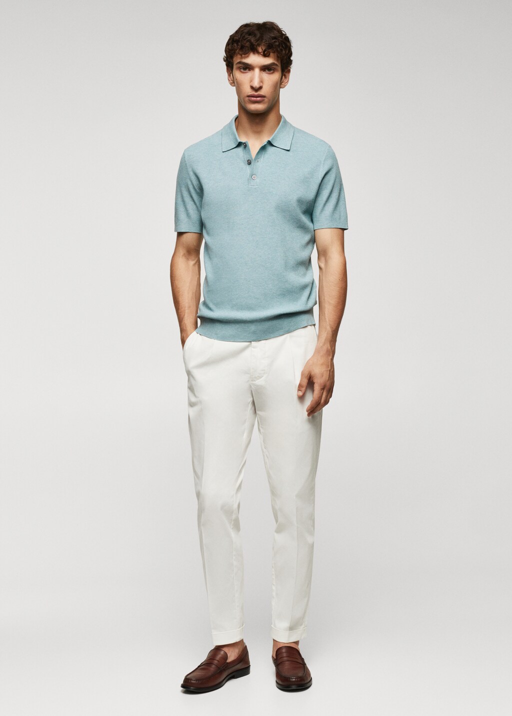 Feinstrick-Poloshirt mit Rippmuster - Allgemeine Ansicht