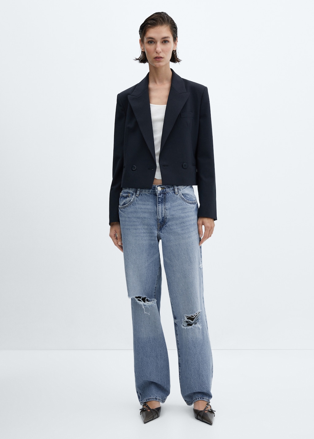 Wideleg jeans met decoratieve scheuren - Overzichtstekening