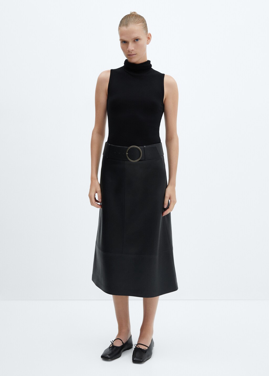 Leather-effect midi-skirt with belt - General plane