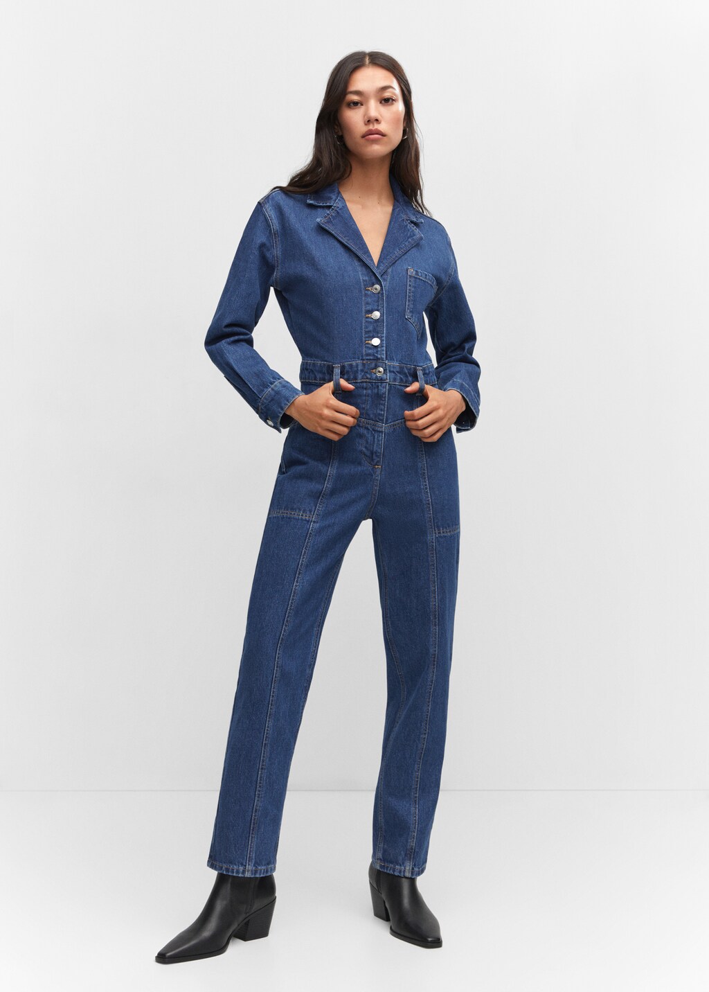 Denim jumpsuit met revers - Overzichtstekening