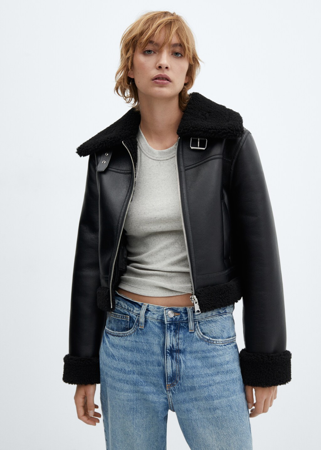 Biker jacket with shearling-effect lining - Medium plane