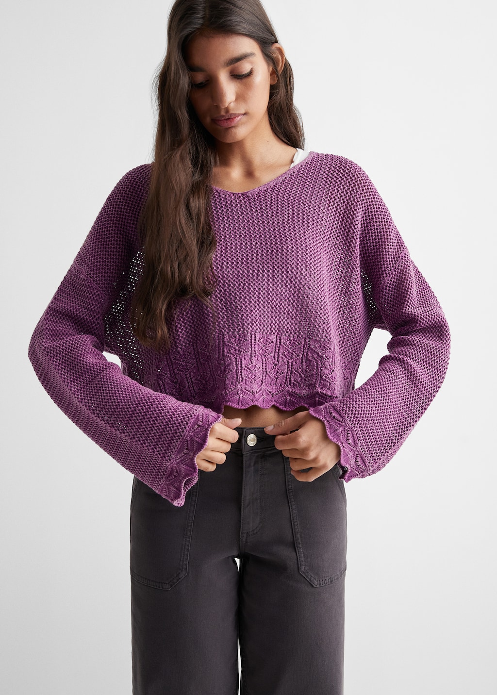 Pull-over maille ajourée col V - Plan moyen