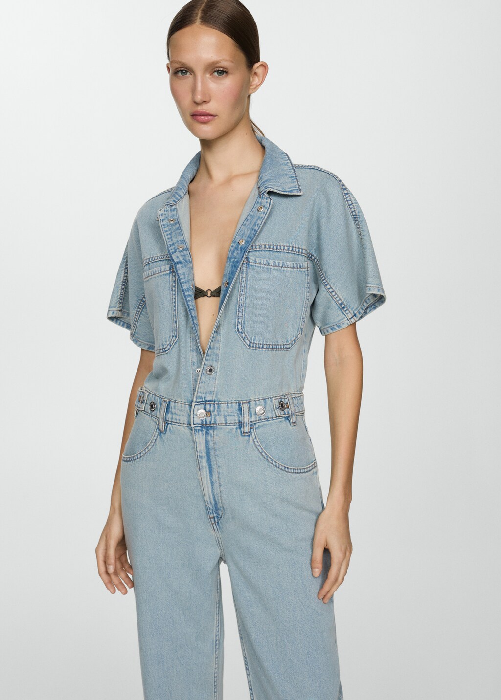 Denim jumpsuit with multi-position buttons - Medium plane