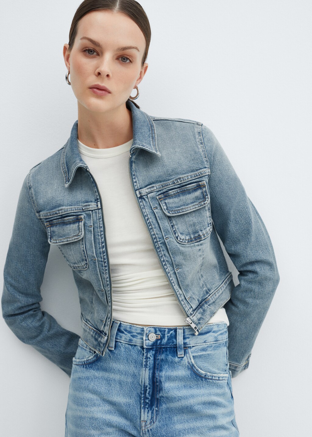 Denim cropped zip-up jacket - Medium plane