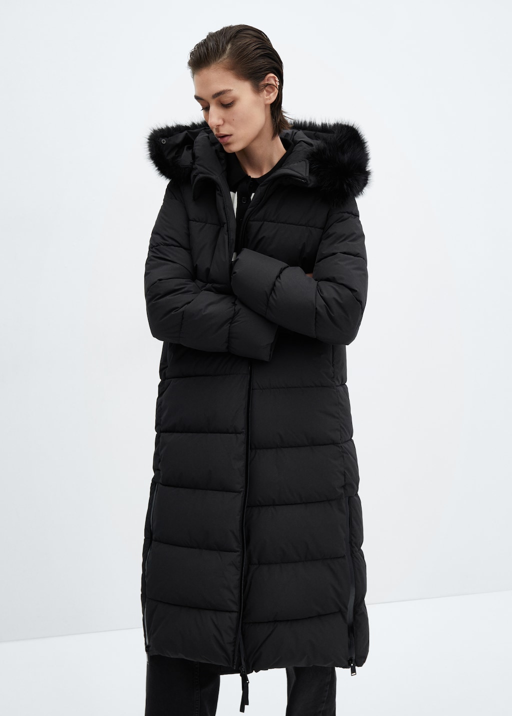 Quilted coat with fur hood on sale