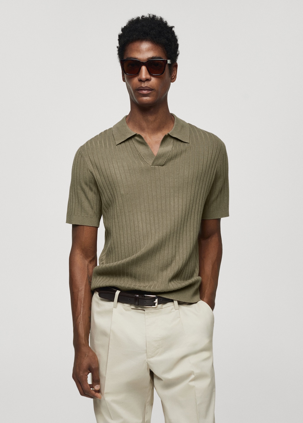 Short-sleeved ribbed knit polo shirt - Medium plane