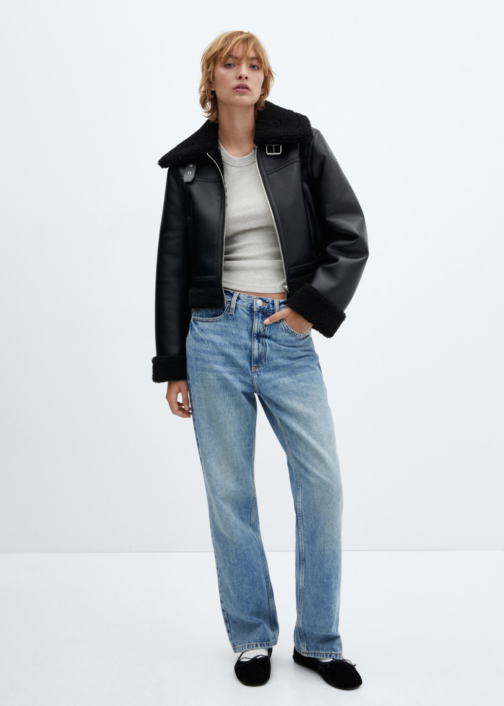 Biker jacket with shearling-effect lining - General plane