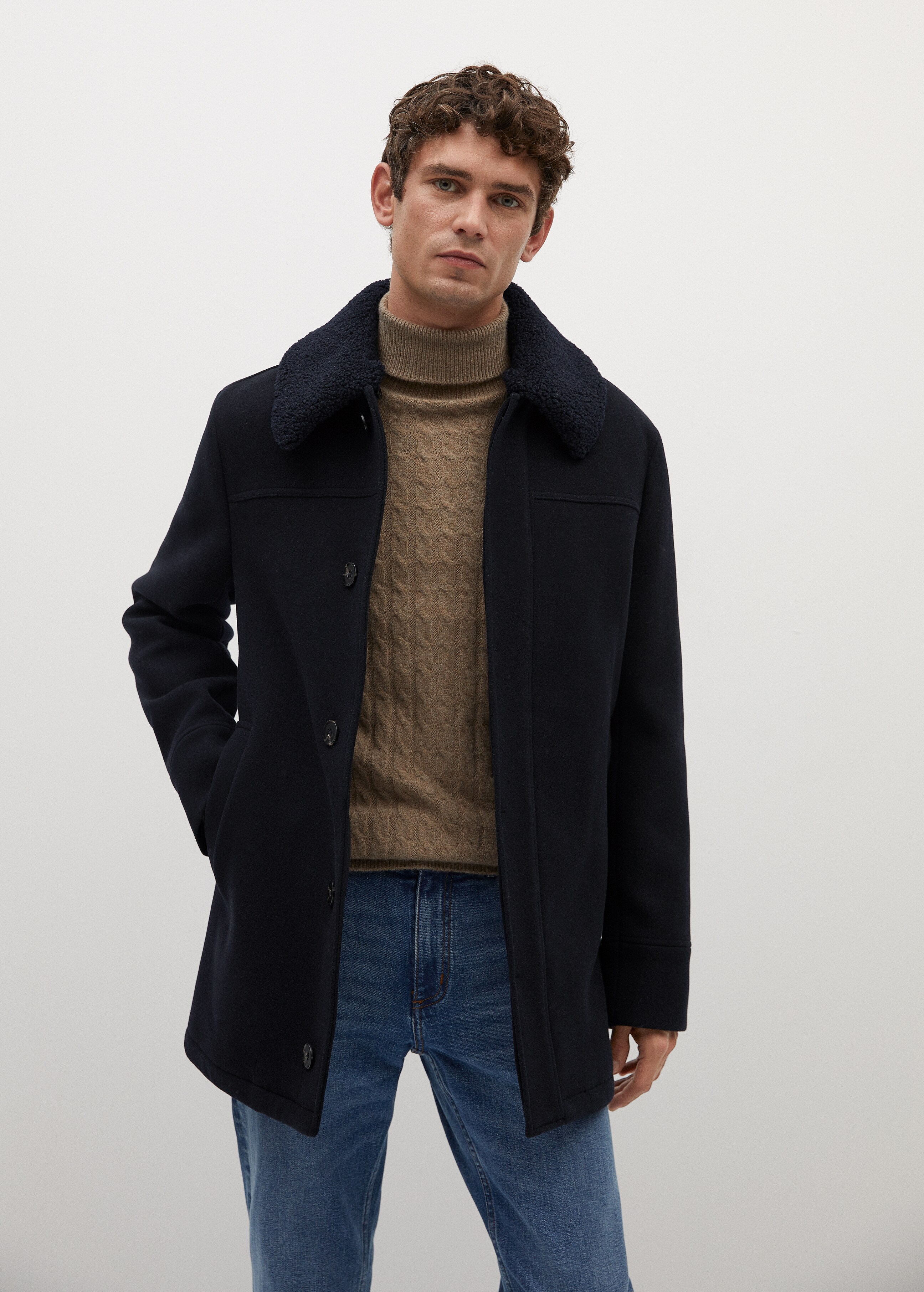 Shearling collar woollen coat  - Medium plane