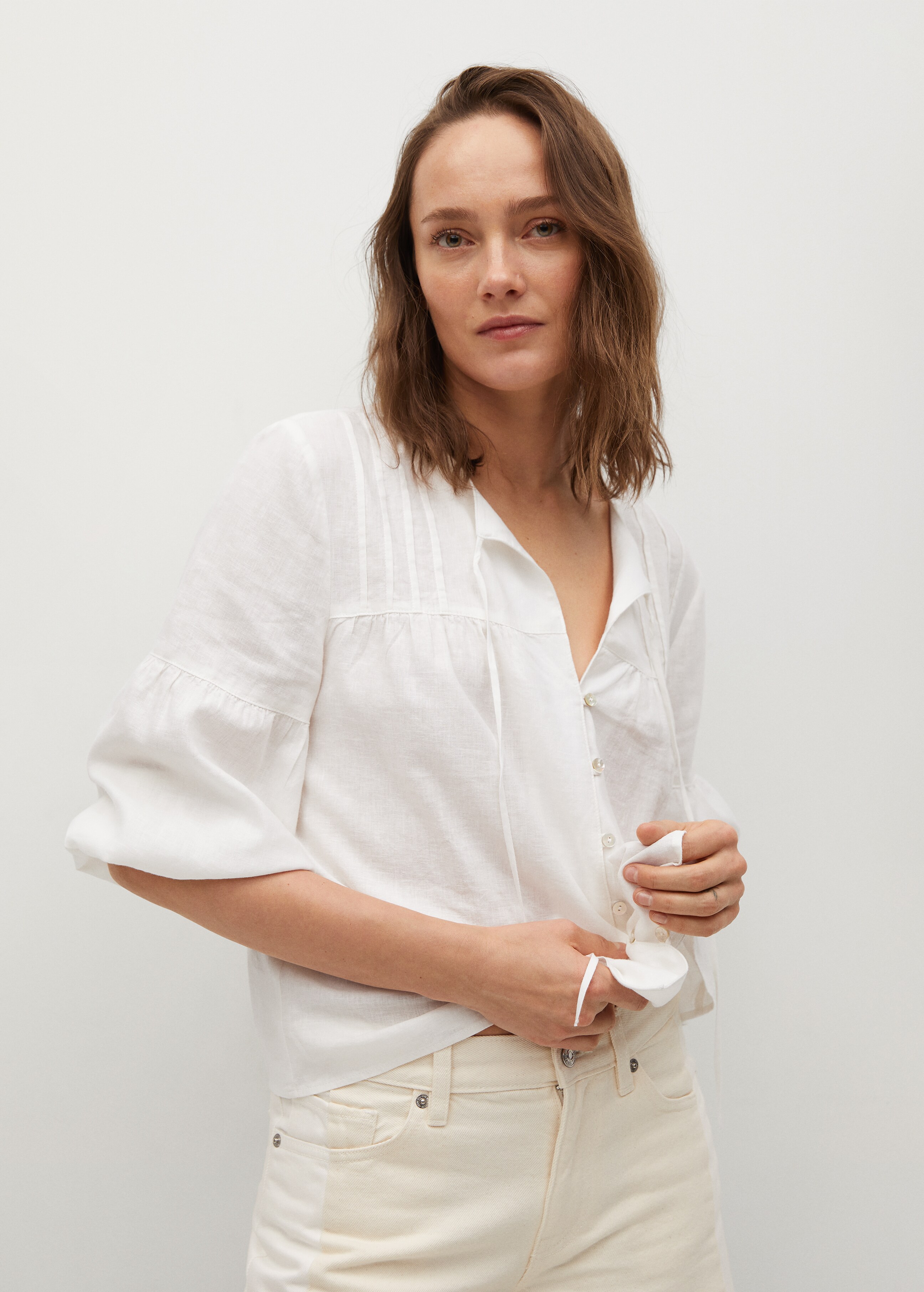 Button linen-blend blouse - Medium plane